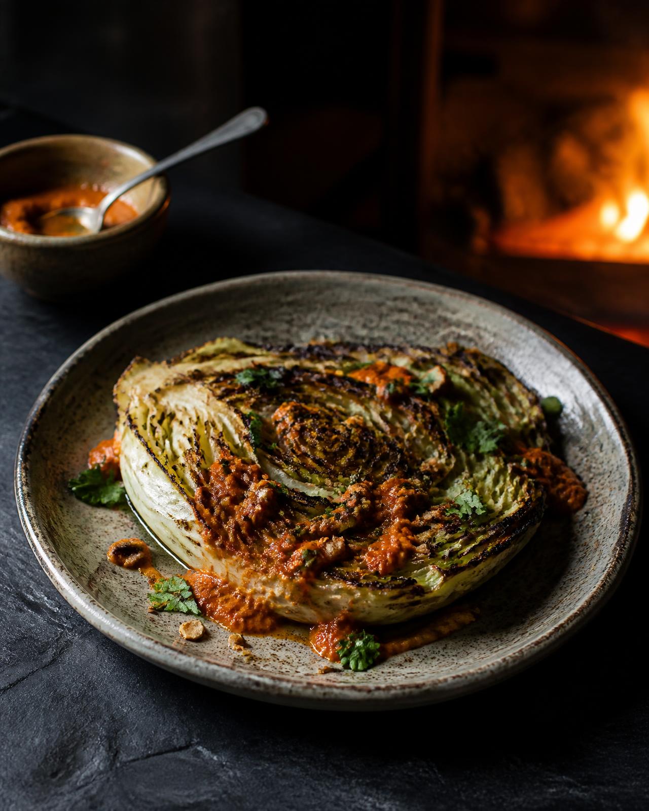 Charred cabbage served with romesco and fresh herbs