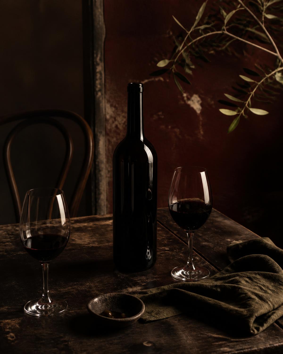 Bottle and glasses of red wine on a dark table